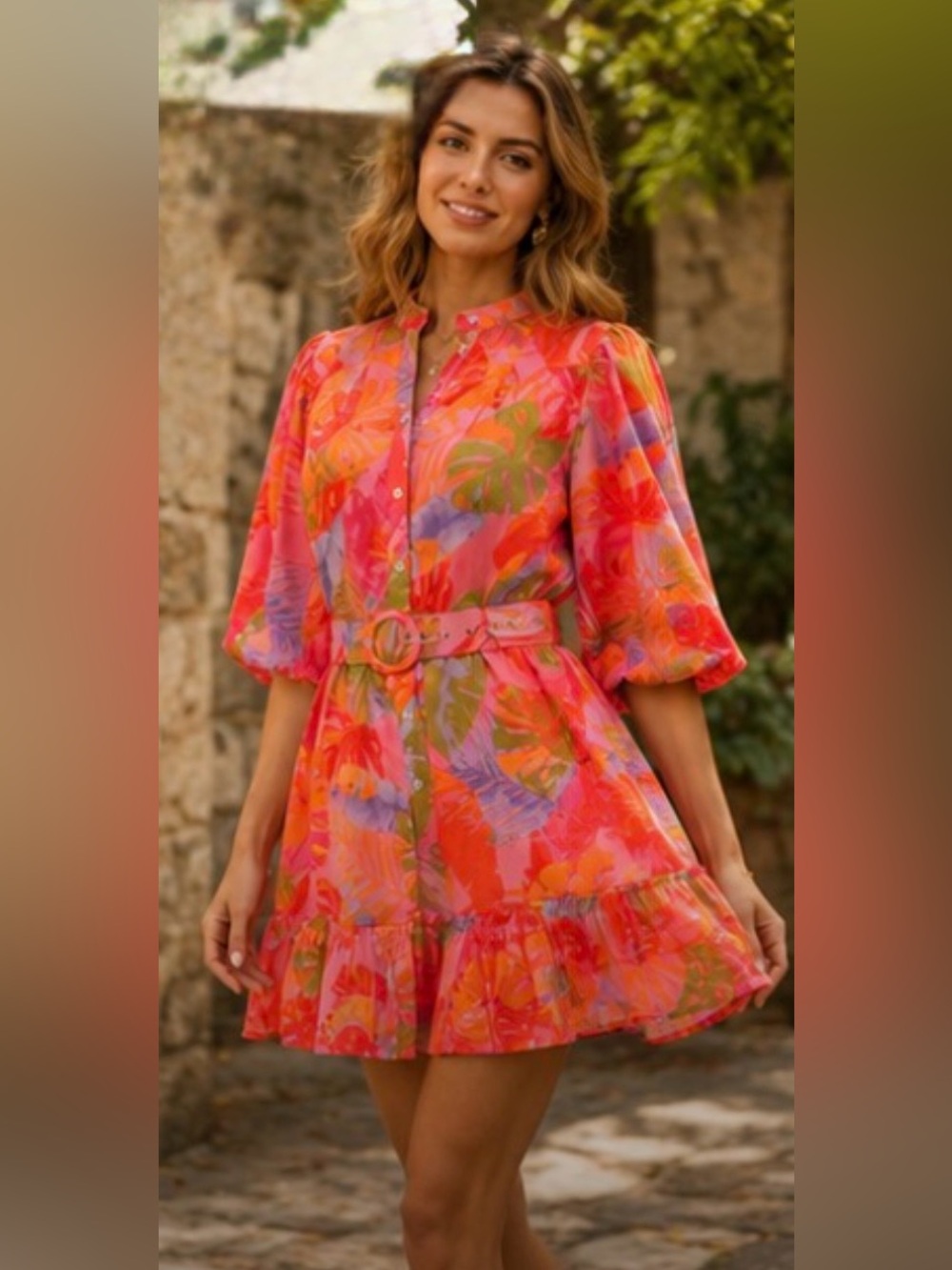 NWT J. Marie Eden Belted Tropical Ruffle Mini Dress Medium